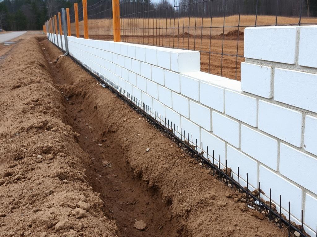 Kerítés alap betonelemekből egy telek mentén