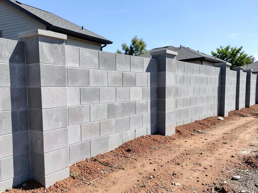 Frissen épült beton elemes kerítés oszlopokkal
