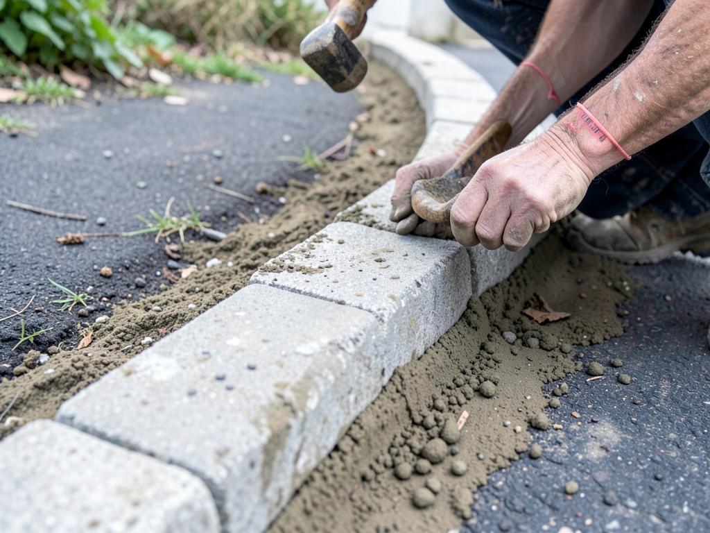 Betonszegélyek lerakása egy új kocsibeálló szélén